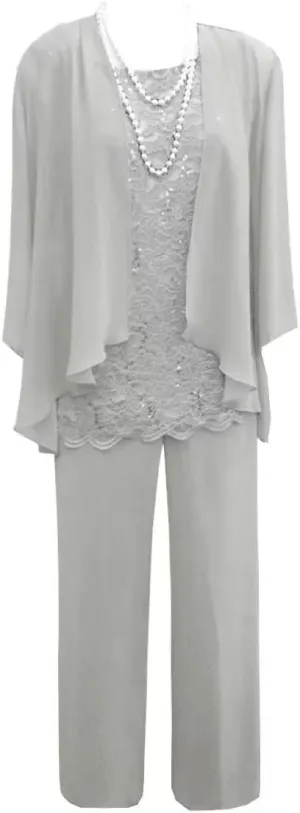 3 Pieces Mother of The Bride Dresses Pant Suits Lace Appliques Chiffon Long Wedding Guest Dress with Jacket