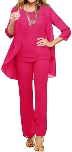 3 Pieces Mother of The Bride Pant Suits for Wedding Guest Chiffon Formal Outfits for Women Dressy KW004