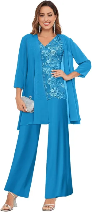 3 Pieces Mother of The Bride Pants Suits for Women Dressy with Jacket Chiffon Lace Applique Wedding Formal Outfit