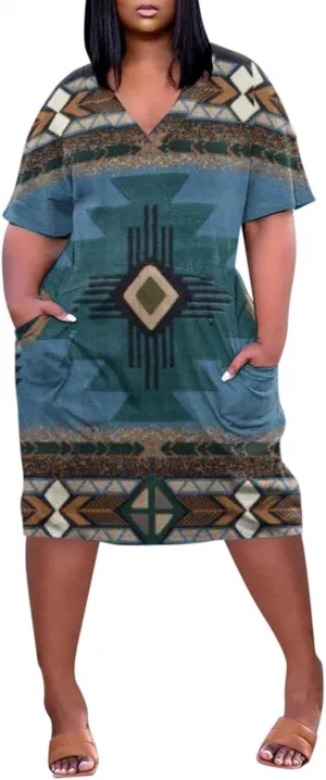 ADHOWBEW Womens Short Sleeve V Neck Plus Size Midi Dress with Pockets Summer Tshirt Dress
