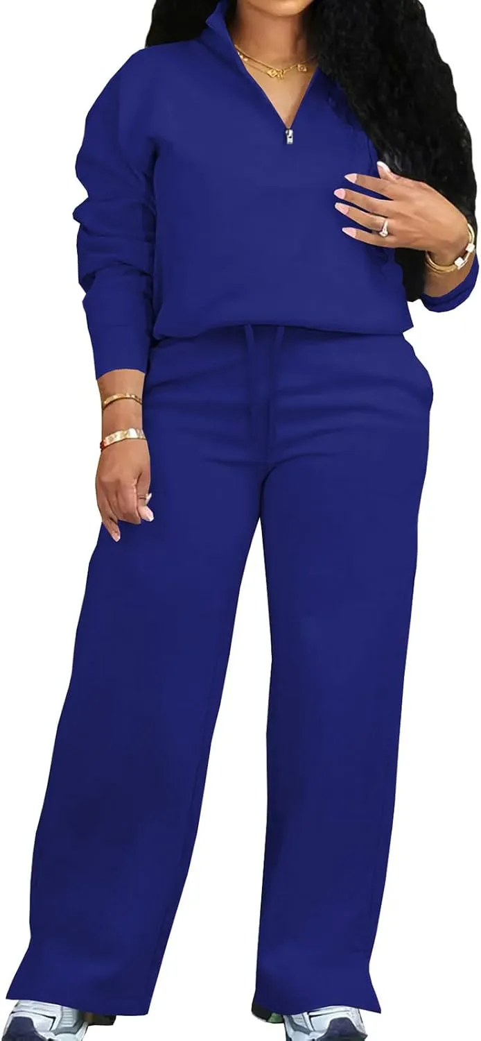 Adogirl Women 2 Piece Outfits Sweatsuit Set Fall Long Sleeve Half Zip Sweatshirt Wide Leg Sweatpants Tracksuit Lounge Sets