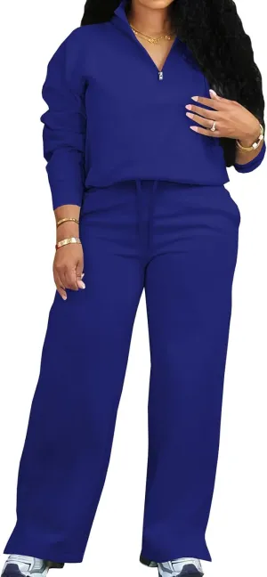 Adogirl Women 2 Piece Outfits Sweatsuit Set Fall Long Sleeve Half Zip Sweatshirt Wide Leg Sweatpants Tracksuit Lounge Sets