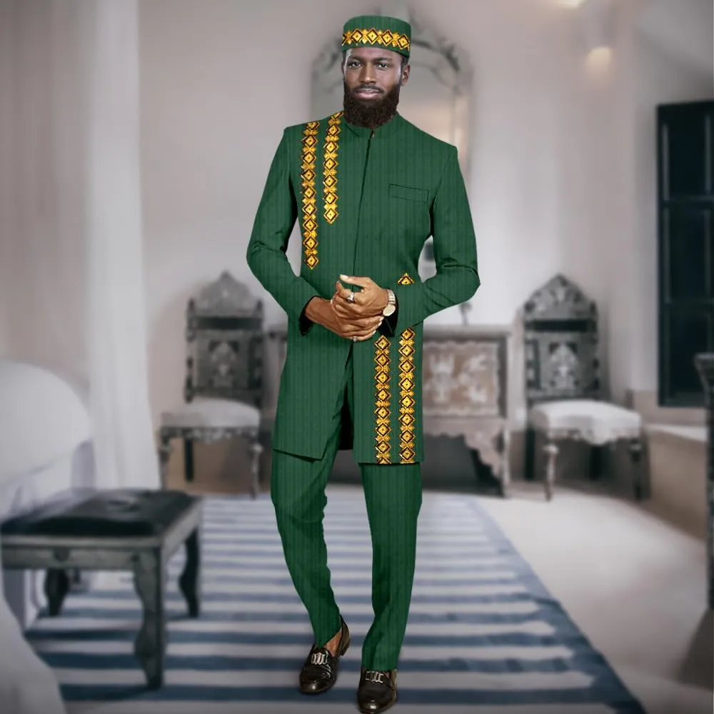 African Clothes for Men Business Suits Embroidery Jacket Pants Hat 3 Piece Set Dashiki Attire