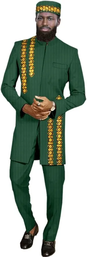African Clothes for Men Business Suits Embroidery Jacket Pants Hat 3 Piece Set Dashiki Attire