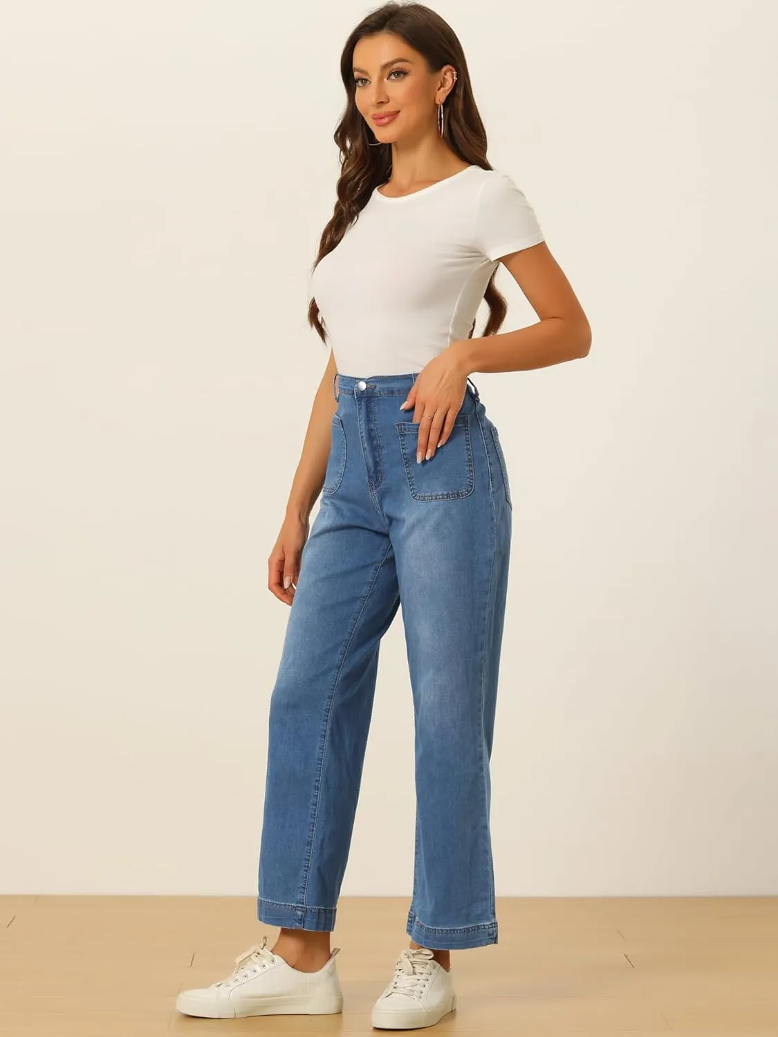 Allegra K Wide Leg Jeans for Women's High Waisted Stretchy Straight Leg Jeans Buttoned Loose Denim Pants