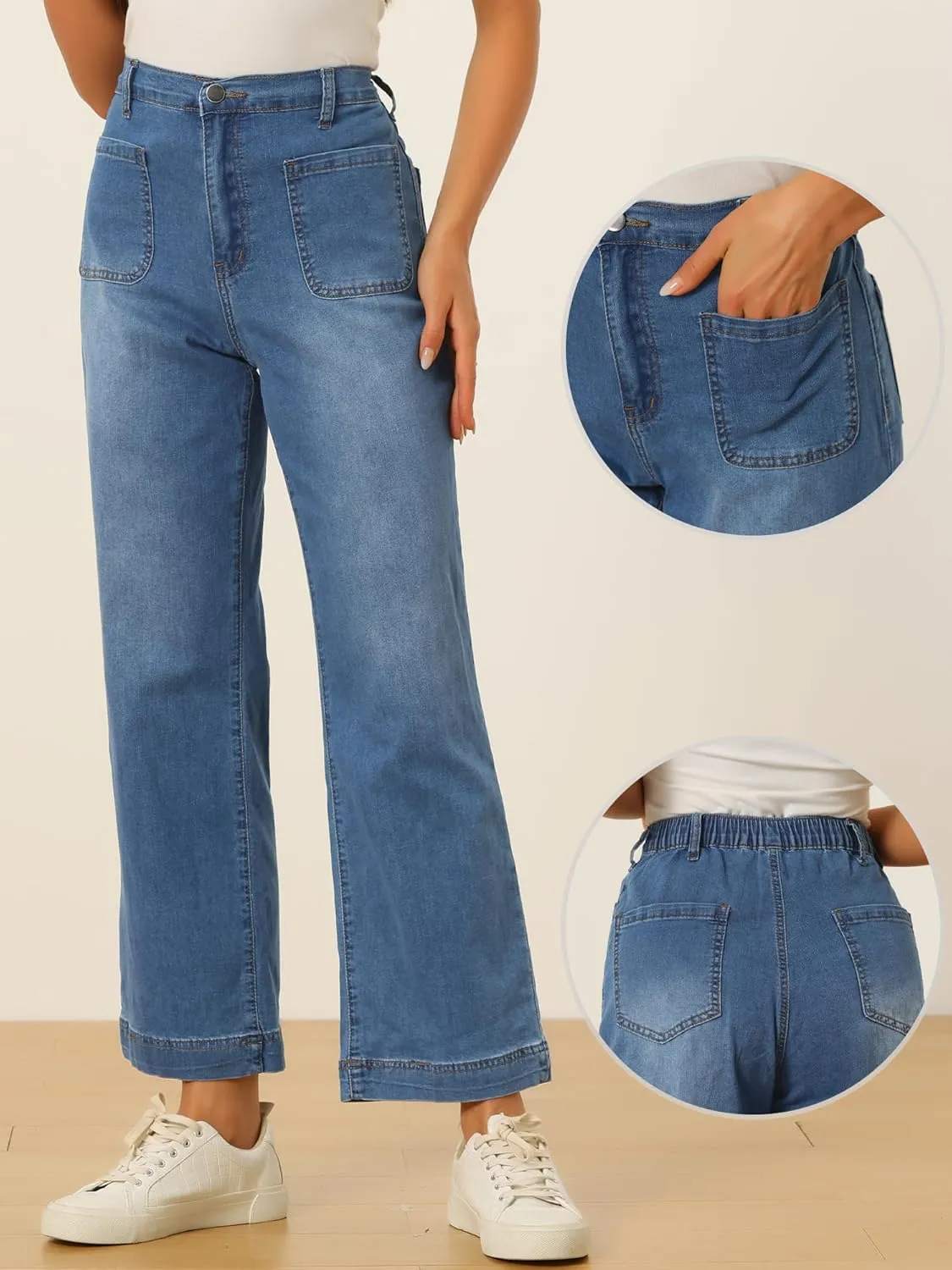 Allegra K Wide Leg Jeans for Women's High Waisted Stretchy Straight Leg Jeans Buttoned Loose Denim Pants