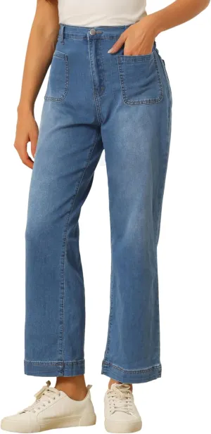 Allegra K Wide Leg Jeans for Women's High Waisted Stretchy Straight Leg Jeans Buttoned Loose Denim Pants