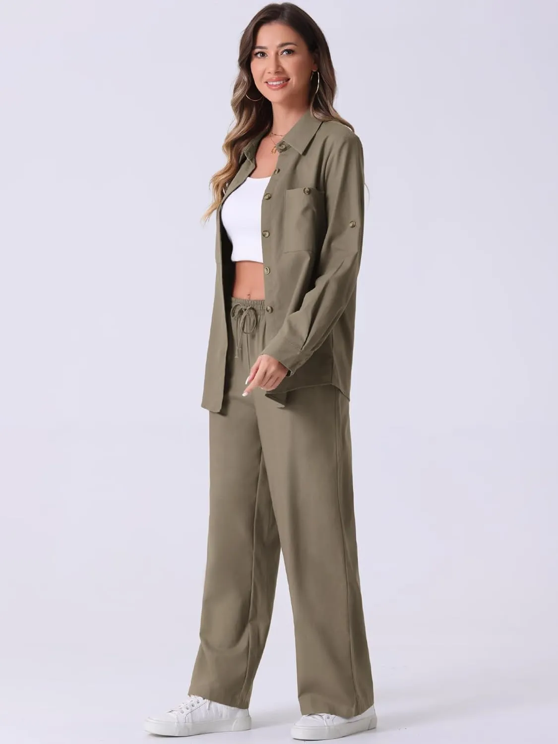 Allegra K Women's 2 Piece Linen Set 2024 Button Down Shirt Drawstring Wide Leg Pants Casual Outfits