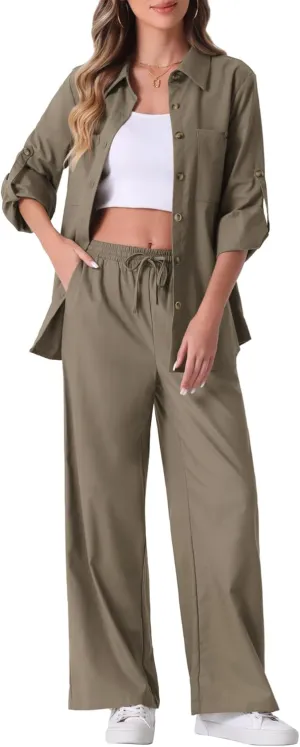Allegra K Women's 2 Piece Linen Set 2024 Button Down Shirt Drawstring Wide Leg Pants Casual Outfits