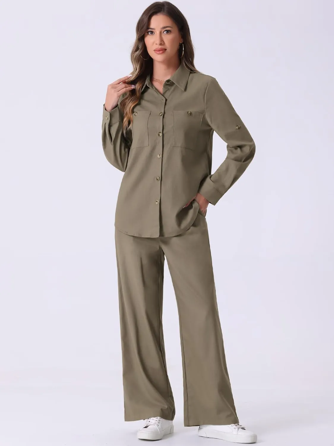 Allegra K Women's 2 Piece Linen Set 2024 Button Down Shirt Drawstring Wide Leg Pants Casual Outfits
