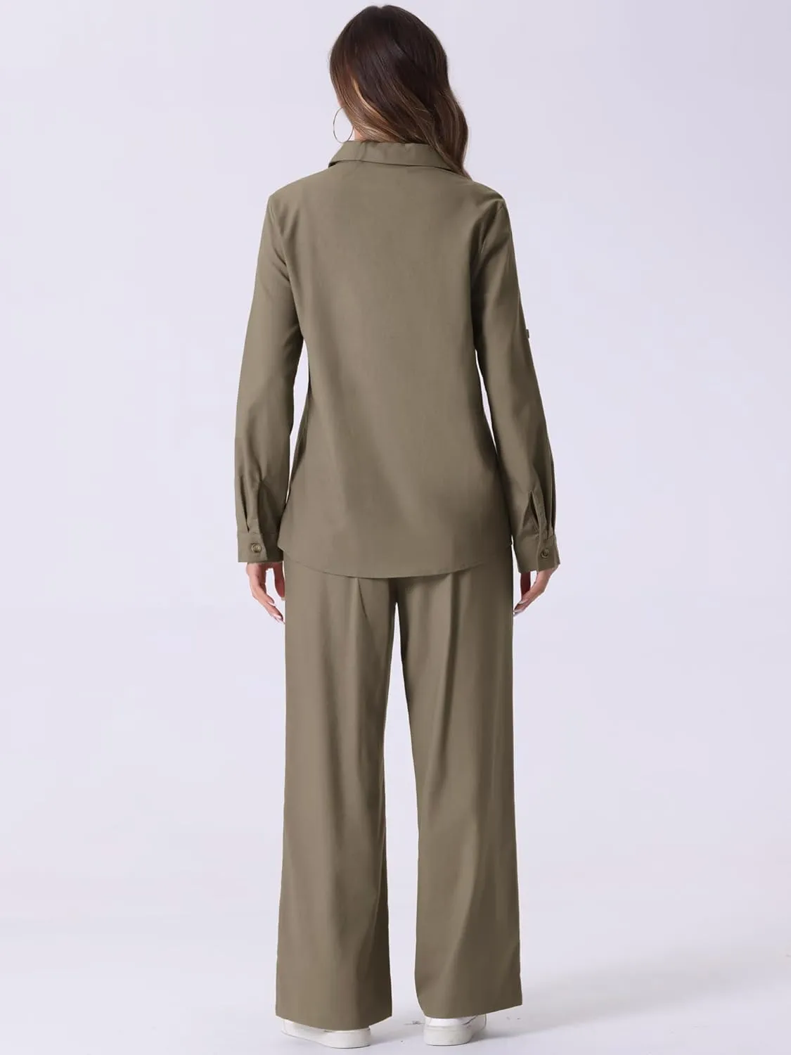 Allegra K Women's 2 Piece Linen Set 2024 Button Down Shirt Drawstring Wide Leg Pants Casual Outfits