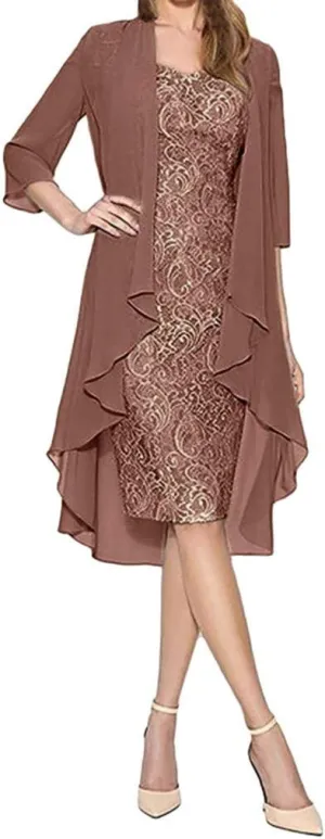 Aniywn Wedding Guest Dresses for Women, 2 Pieces Lace Mother of The Bride Dress with Jacket Chiffon Formal Evening Dresses