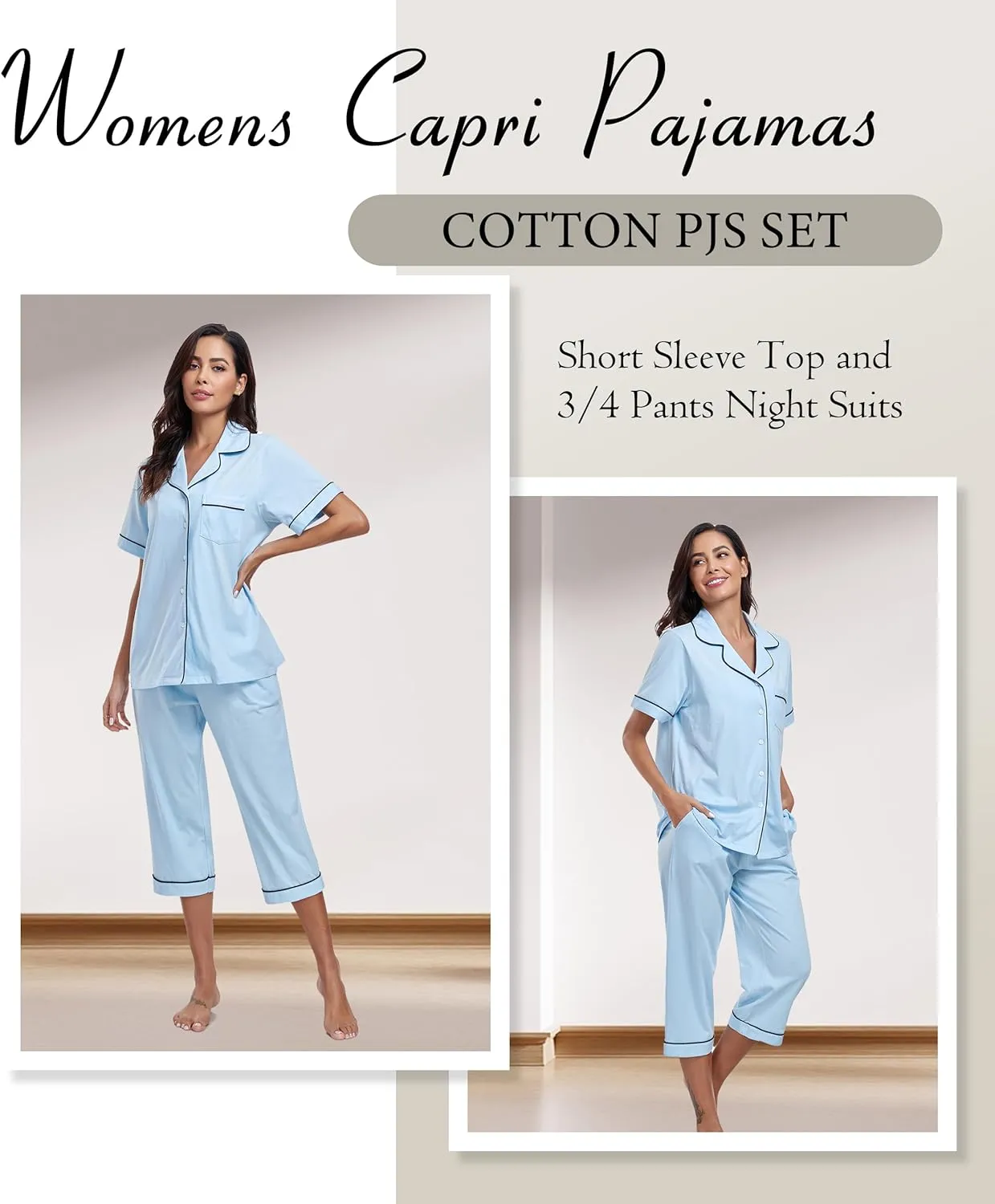 ANLIQI Womens Capri Pajamas Sets 100% Cotton Button Up Short Sleeve Top & Capri Pants Pjs Summer Sleepwear with Pockets