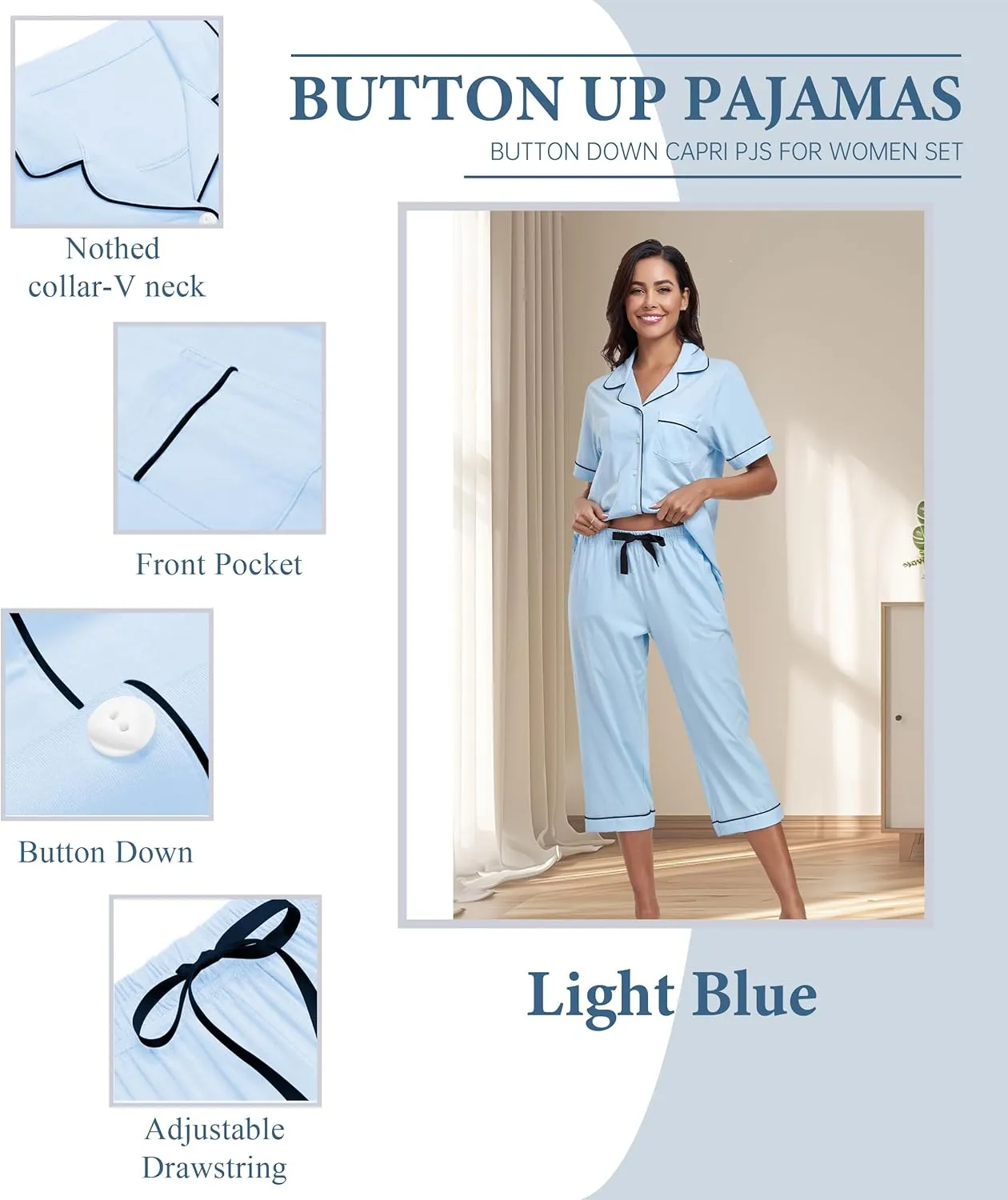 ANLIQI Womens Capri Pajamas Sets 100% Cotton Button Up Short Sleeve Top & Capri Pants Pjs Summer Sleepwear with Pockets