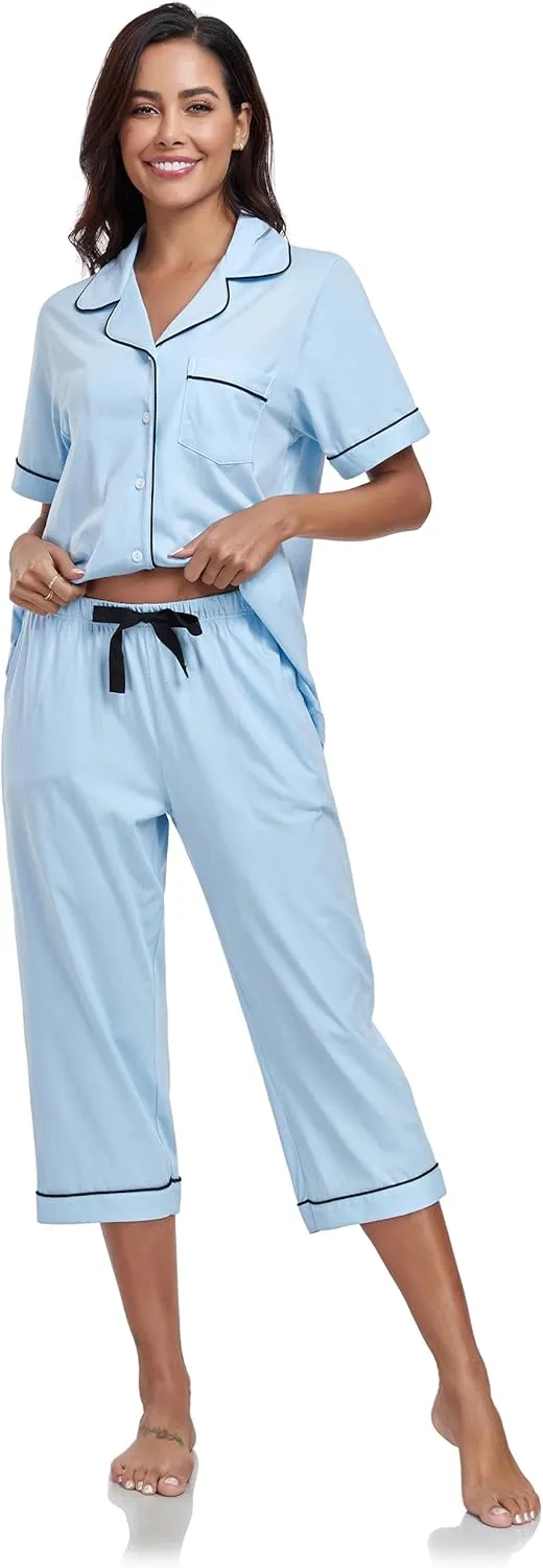 ANLIQI Womens Capri Pajamas Sets 100% Cotton Button Up Short Sleeve Top & Capri Pants Pjs Summer Sleepwear with Pockets