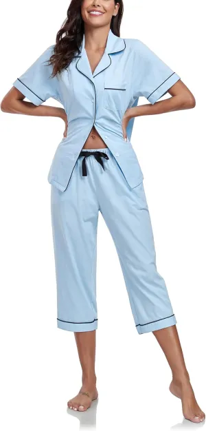 ANLIQI Womens Capri Pajamas Sets 100% Cotton Button Up Short Sleeve Top & Capri Pants Pjs Summer Sleepwear with Pockets