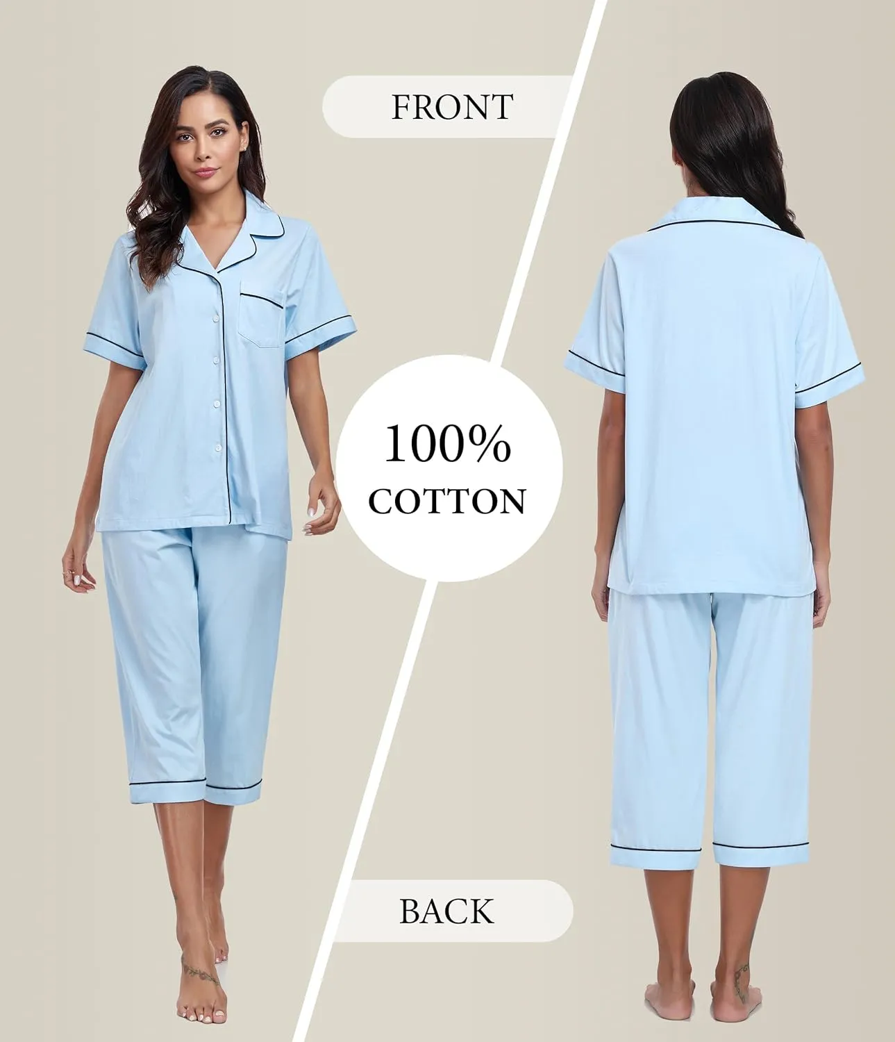 ANLIQI Womens Capri Pajamas Sets 100% Cotton Button Up Short Sleeve Top & Capri Pants Pjs Summer Sleepwear with Pockets