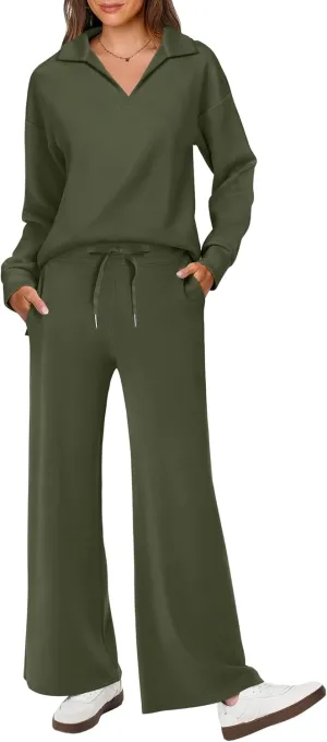 ANRABESS Women's 2 Piece Outfits Lounge Sets Casual Long Sleeve Sweatsuits Polo Top Wide Leg Pants Spring Sweat Matching Sets