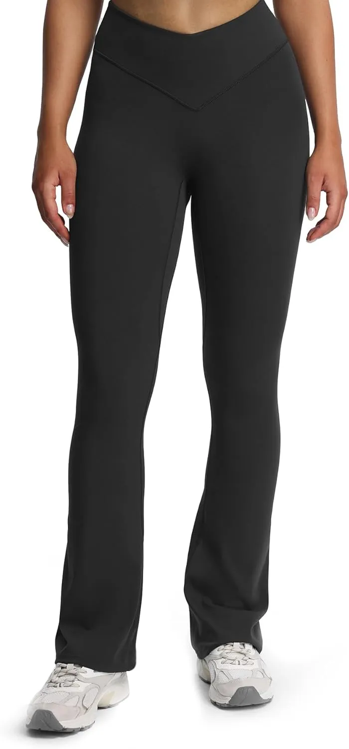 Aoxjox Workout Vanity Flare Leggings for Women High Waisted Athletic Running V Waist Hidden Scrunch Wide Leg Yoga Pants 32"