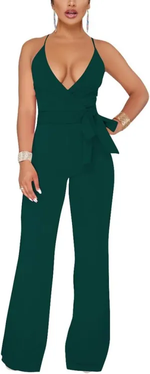 Aro Lora Women's Sexy V Neck Sleeveless Backless Long Wide Leg Pant Jumpsuit Romper