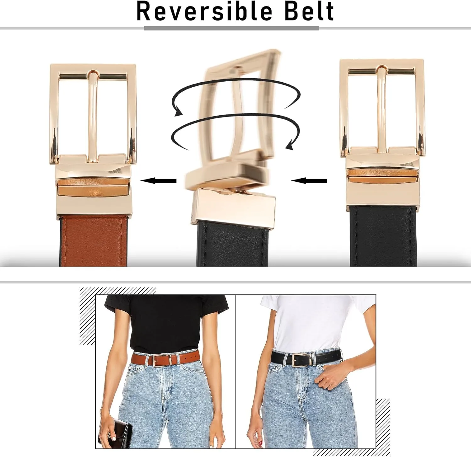 AWAYTR Reversible Leather Belt for Women - Two Color-in-One Belt for Women Men Belt with Rotated Buckle for Jeans Dress