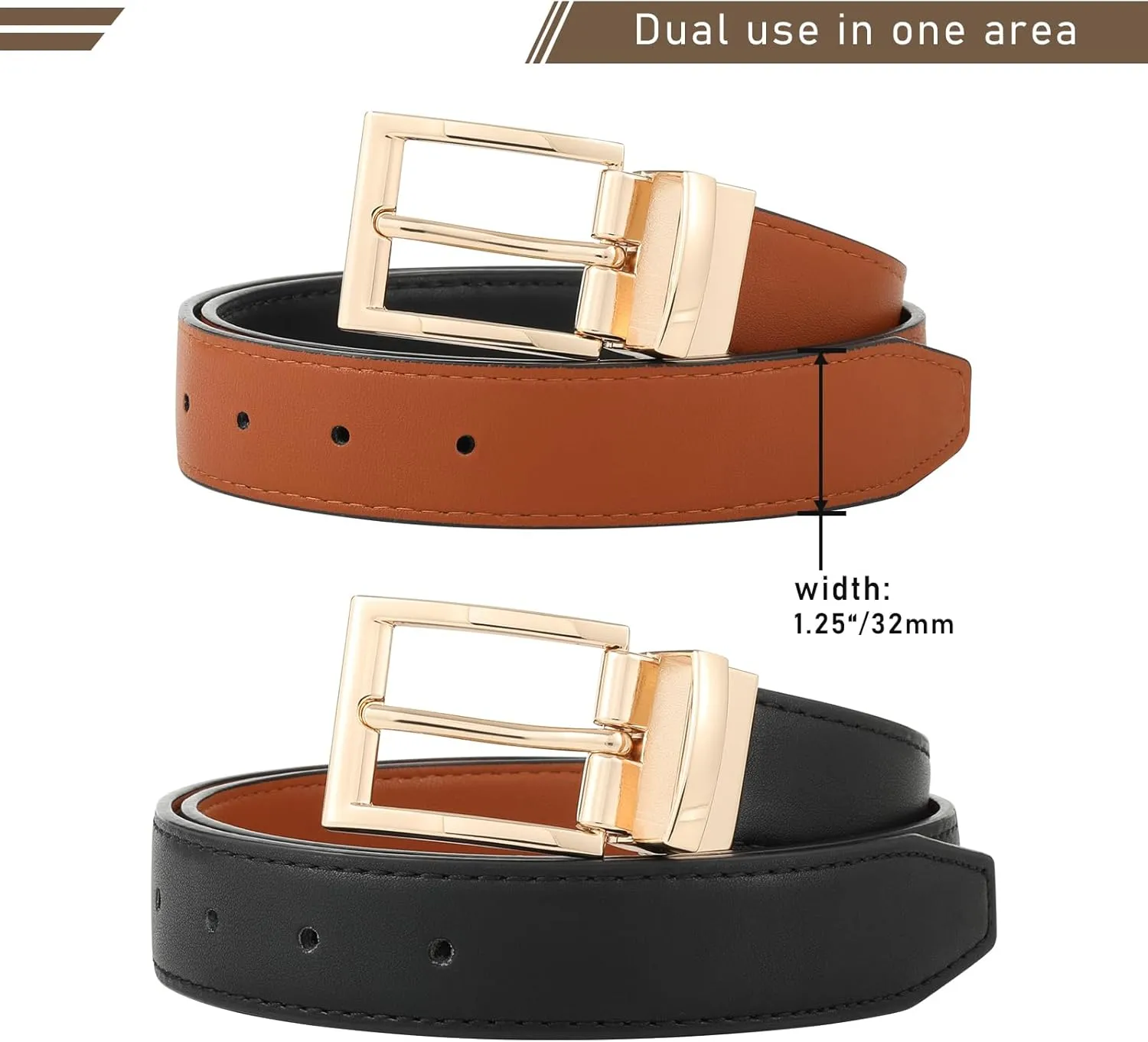 AWAYTR Reversible Leather Belt for Women - Two Color-in-One Belt for Women Men Belt with Rotated Buckle for Jeans Dress