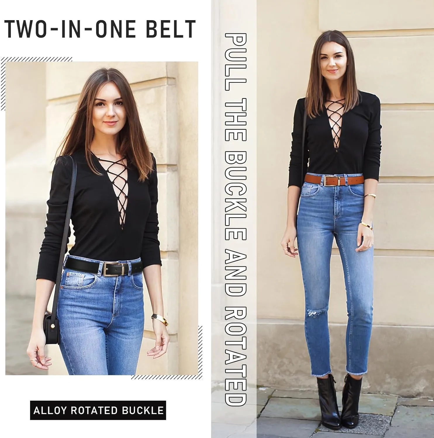 AWAYTR Reversible Leather Belt for Women - Two Color-in-One Belt for Women Men Belt with Rotated Buckle for Jeans Dress