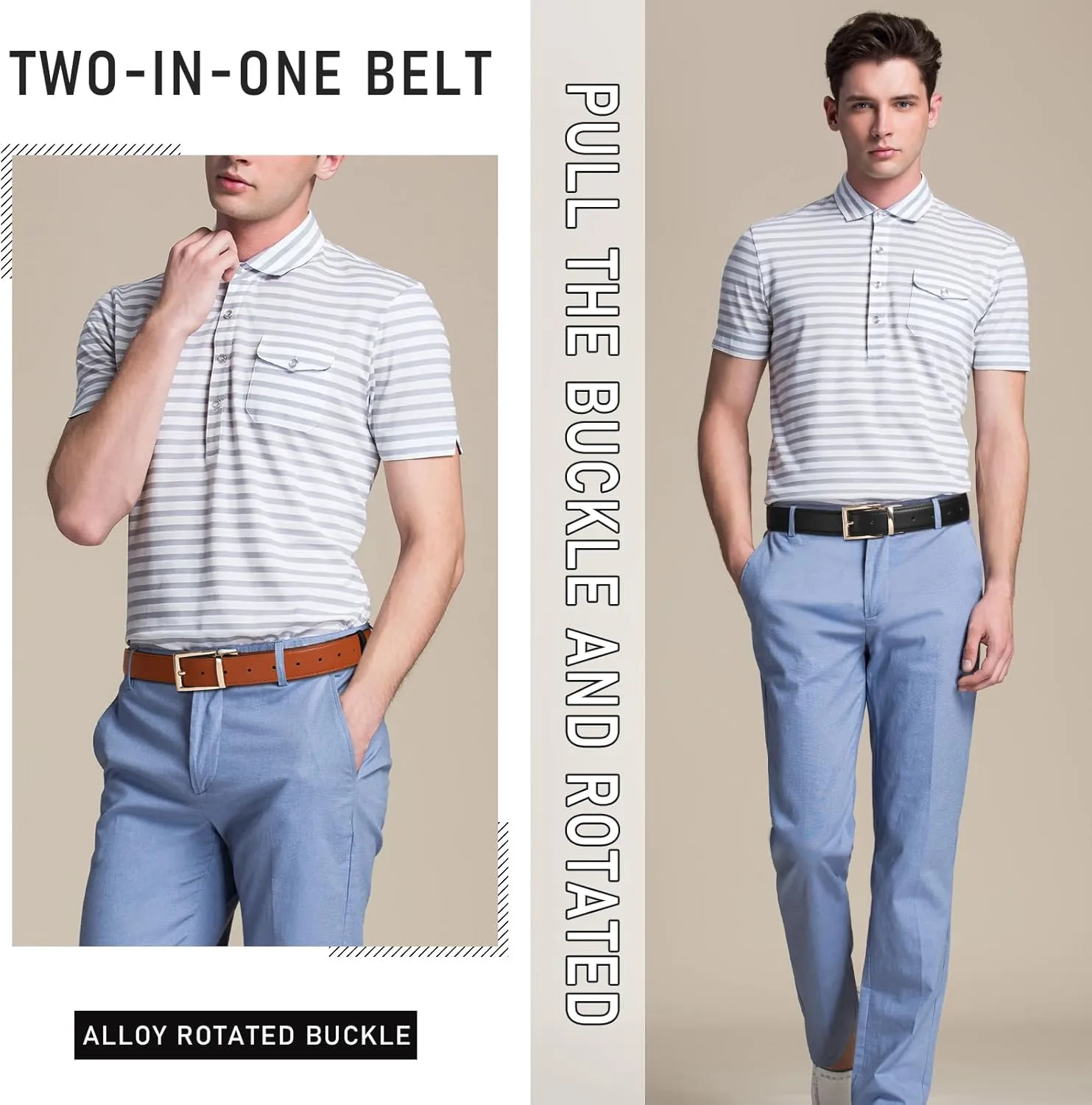 AWAYTR Reversible Leather Belt for Women - Two Color-in-One Belt for Women Men Belt with Rotated Buckle for Jeans Dress