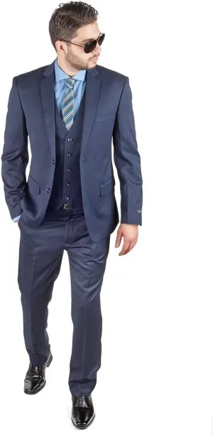 AZAR MAN Slim Fit 3 Piece Vest Navy Blue Suit 2 Button Notch Lapel