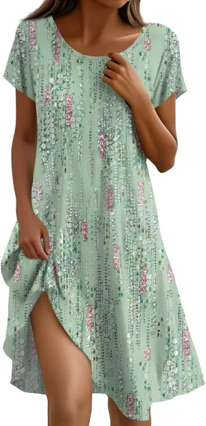 BAXLIMEK Beach Dresses for Women,2025 Summer Trendy Floral Print Boho Vacation Dress,Casual Short Sleeve Flowy Midi Dress