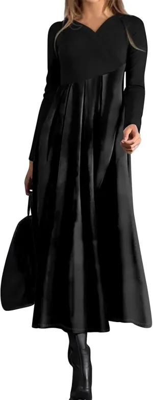 BAXLIMEK Long Sleeve Dresses for Women,2025 Spring Trendy V Neck Patchwork Maxi Dress Casual Loose Flowy Ruched Beach Dress