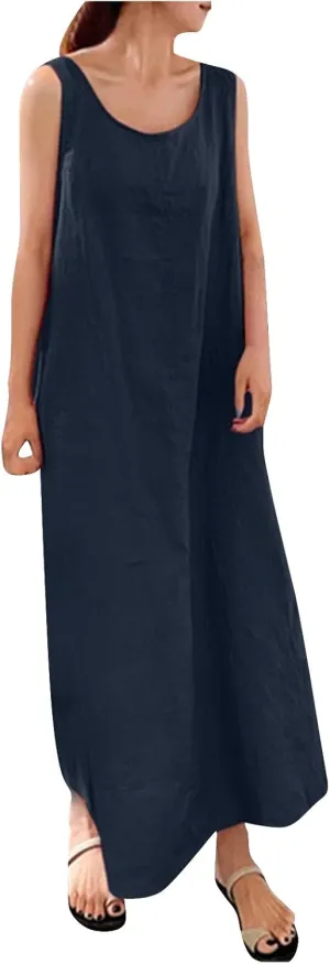 BAXLIMEK Maxi Dresses for Women,2023 Spring Summer Trendy Plain Cotton Linen Dress,Casual Boho Plus Size Beach Dress
