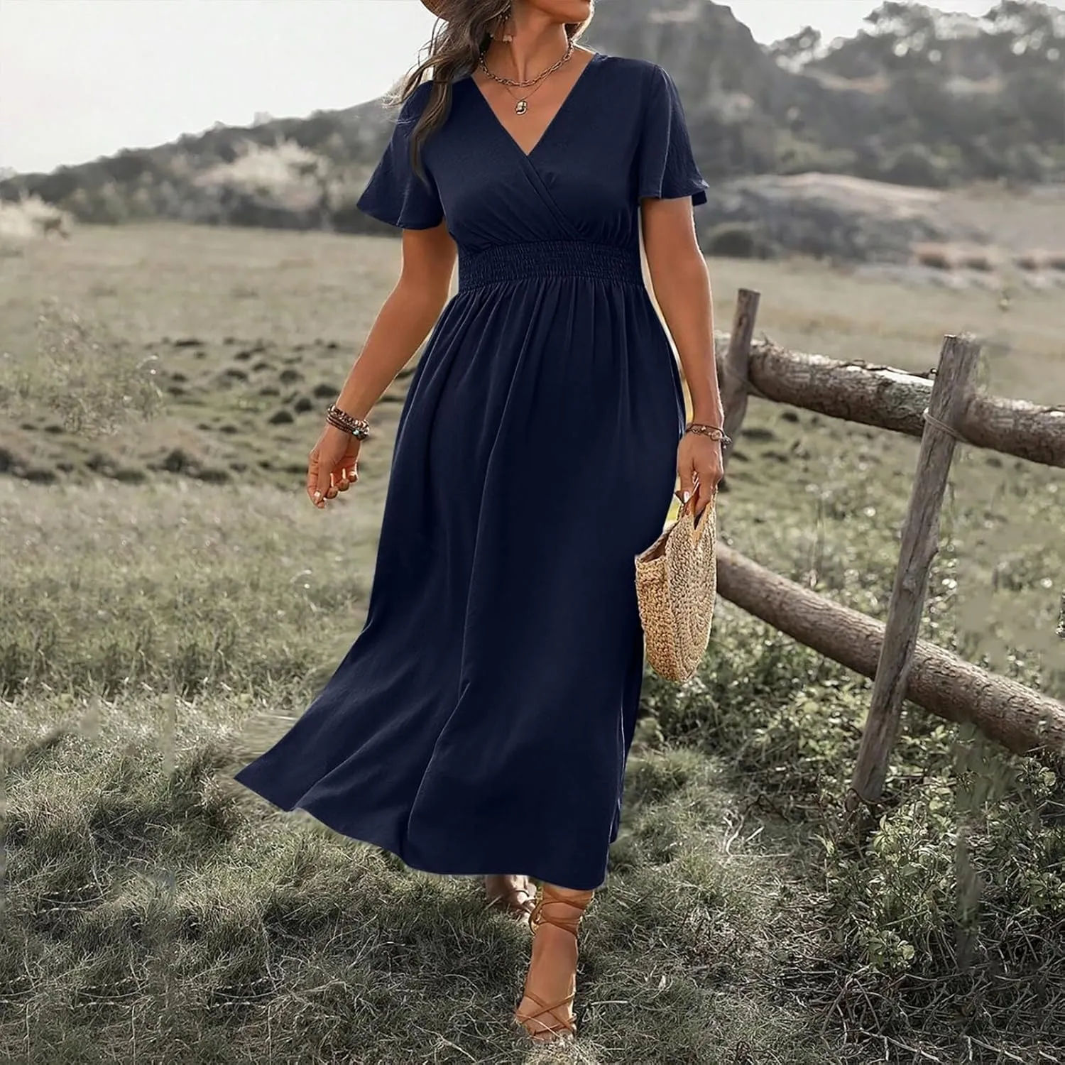 BAXLIMEK Maxi Dresses for Women,2025 Spring Summer Elegant V Neck Short Sleeve Beach Dress,Flowy Ruched Vacation Boho Dress
