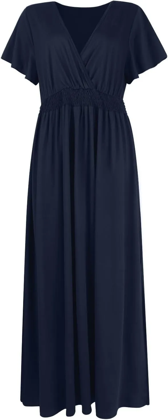 BAXLIMEK Maxi Dresses for Women,2025 Spring Summer Elegant V Neck Short Sleeve Beach Dress,Flowy Ruched Vacation Boho Dress