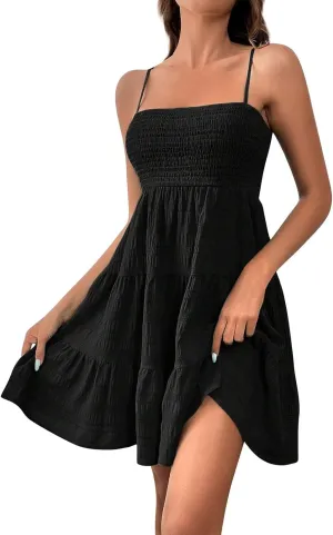 BAXLIMEK Mini Dresses for Women,2025 Spring Summer Smocked Square Neck Spaghetti Strap Sundress Flowy A Line Beach Dress
