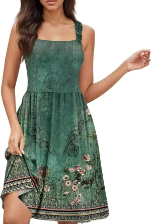 BAXLIMEK Sundresses for Women,2025 Spring Summer Trendy Floral Print Beach Dress,Square Neck Tank Flowy Ruched Boho Dress