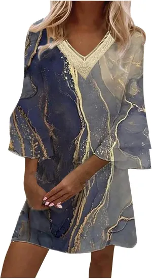 Beach Dresses for Women Summer Casual Bell Sleeve Boho Dress V Neck Lace Mini Dress Fashion Graphic Printed Midi Dress