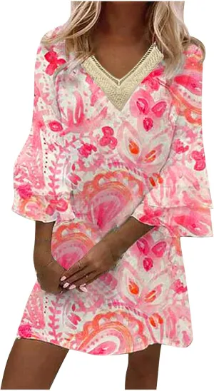 Beach Dresses for Women Summer Casual Bell Sleeve Boho Dress V Neck Lace Mini Dress Fashion Graphic Printed Midi Dress