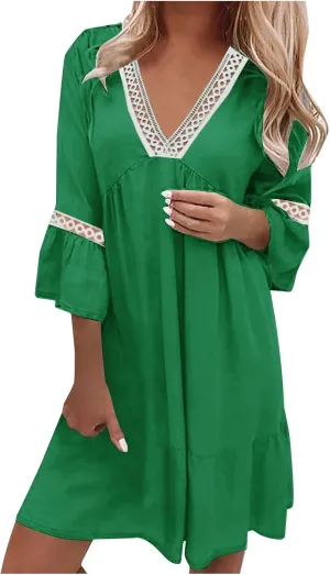 Beach Dresses for Women Summer Casual Bell Sleeve Boho Dress V Neck Lace Mini Dress Fashion Graphic Printed Midi Dress