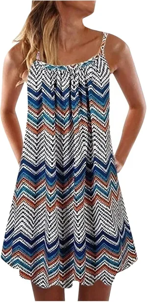 Beach Dresses for Women,2024 Summer Casual Loose Sleeveless Sling Sundress,Trendy Print Flowy Ruched Mini Boho Dress