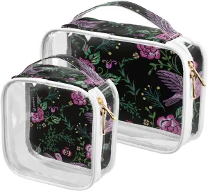 Bird-rose-peony-texture 2 Pack Clear Toiletry Bag Women Men, Portable Waterproof Clear Pouch, Cosmetic Bag with Double Zippers Large Opening Traveling with Handle for Bathroom Traveling Vacation Organ