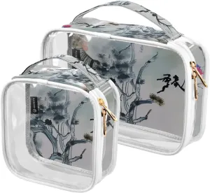 Birds-texture 2 Pack Clear Toiletry Bag Women Men, Portable Waterproof Clear Pouch, Cosmetic Bag with Double Zippers Large Opening Traveling with Handle for Bathroom Traveling Vacation Organizing