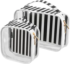 Black-white-stripes-that-are-printed-wall 2 Pack Clear Toiletry Bag Women Men, Portable Waterproof Clear Pouch, Cosmetic Bag with Double Zippers Large Opening Traveling with Handle for Bathroom Travel