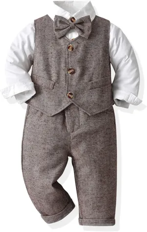 Boys Gentleman Suits Toddler Kids Wedding Outfit Clothes 4 Pieces Dress Shirt & Pants & Vest Set with Bowtie, 2-8 Years