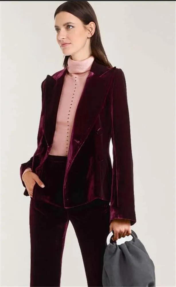 Burgundy Velvet Pantsuits for Women Formal Party Blazer Ladies Business Office Tuxedos Work Wear Suits