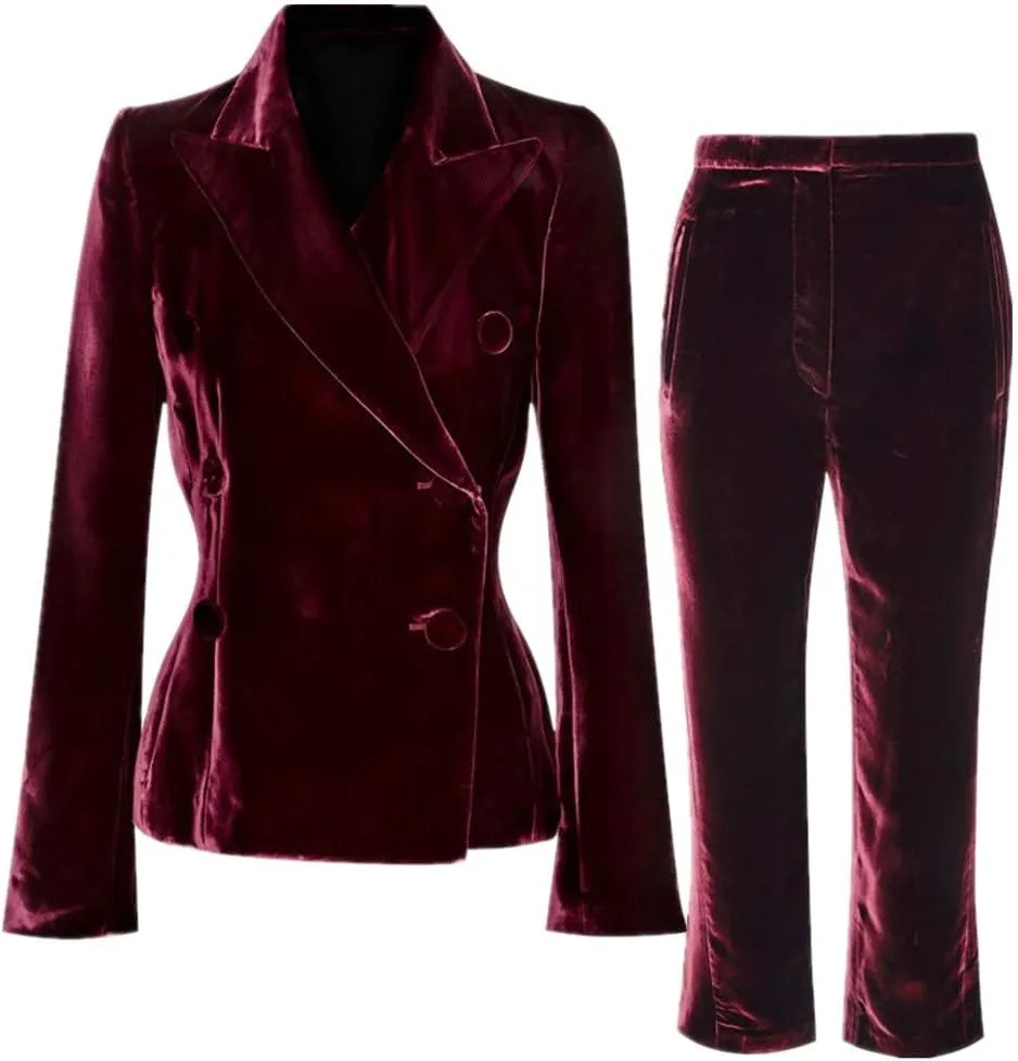Burgundy Velvet Pantsuits for Women Formal Party Blazer Ladies Business Office Tuxedos Work Wear Suits