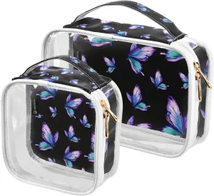 Butterflies-watercolor 2 Pack Clear Toiletry Bag Women Men, Portable Waterproof Clear Pouch, Cosmetic Bag with Double Zippers Large Opening Traveling with Handle for Bathroom Traveling Vacation Organi