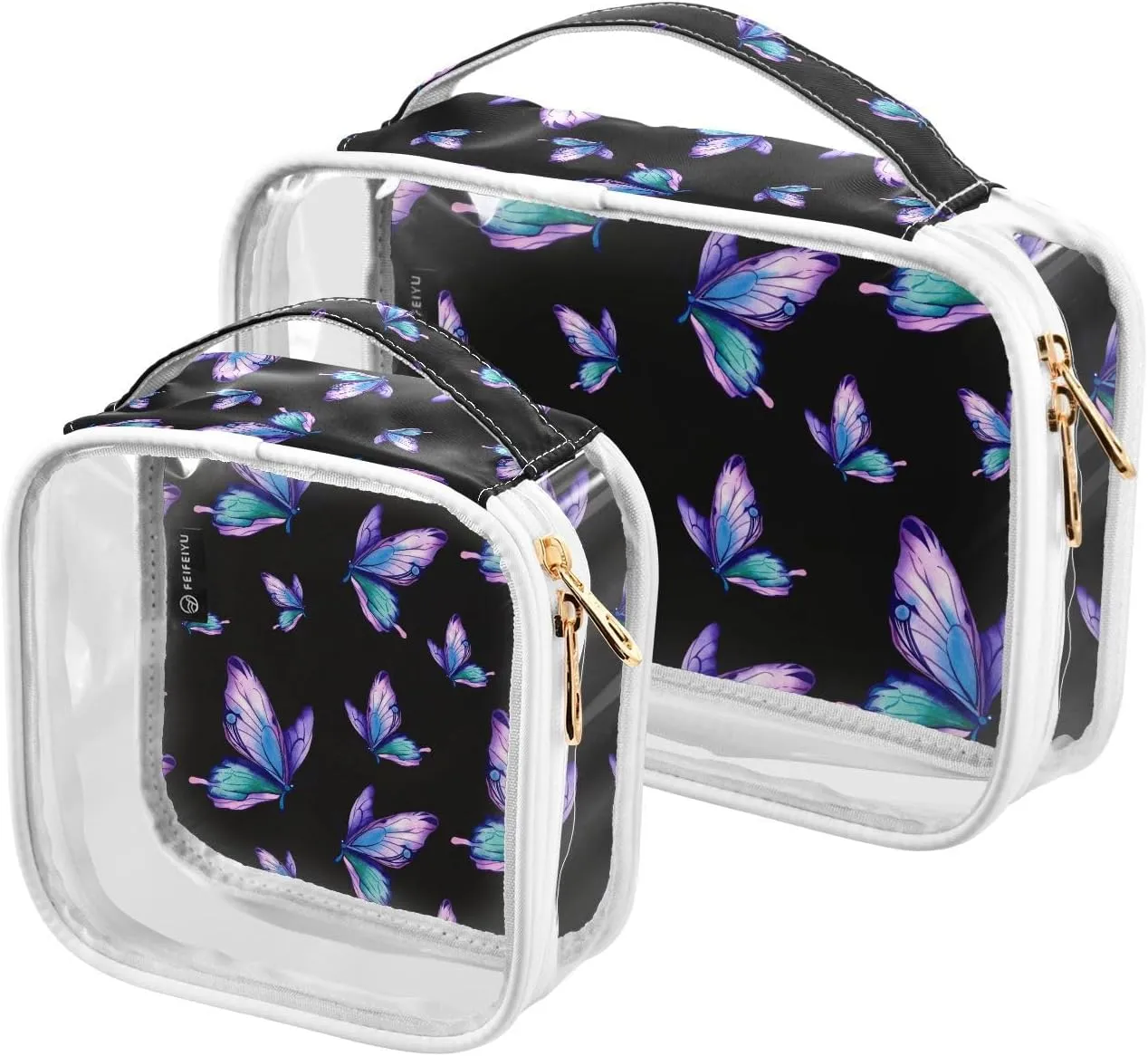 Butterflies-watercolor 2 Pack Clear Toiletry Bag Women Men, Portable Waterproof Clear Pouch, Cosmetic Bag with Double Zippers Large Opening Traveling with Handle for Bathroom Traveling Vacation Organi