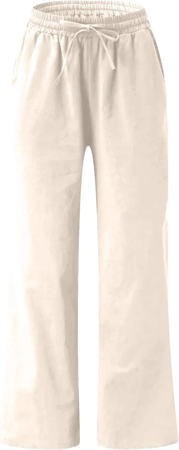 BZGTZT Women's Cotton Linen Pants Summer Casual Wide Leg Trousers Elastic Waist Drawstring Loose Lounge Pants with Pocket