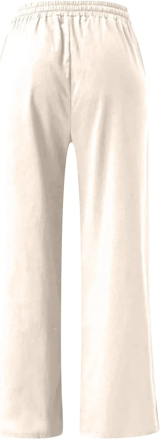 BZGTZT Women's Cotton Linen Pants Summer Casual Wide Leg Trousers Elastic Waist Drawstring Loose Lounge Pants with Pocket